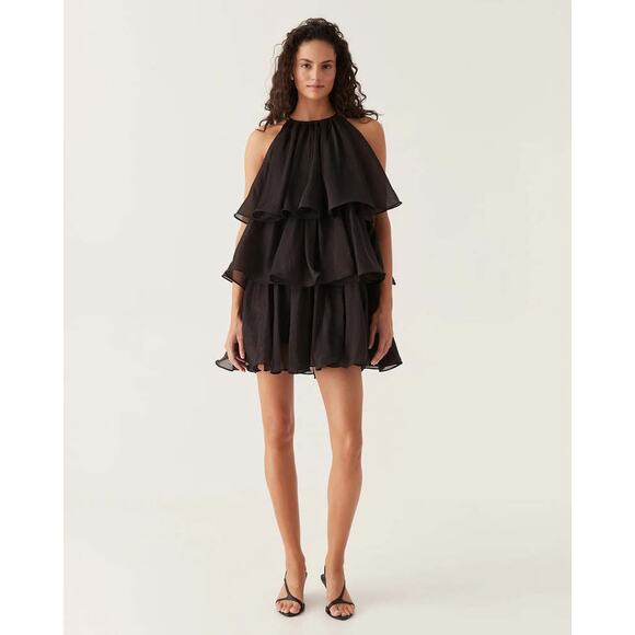 AJE. RUFFLED BLACK CLAUDIA TIERED MINI PARTY DRESS - SIZE 12 - Picture 1 of 14